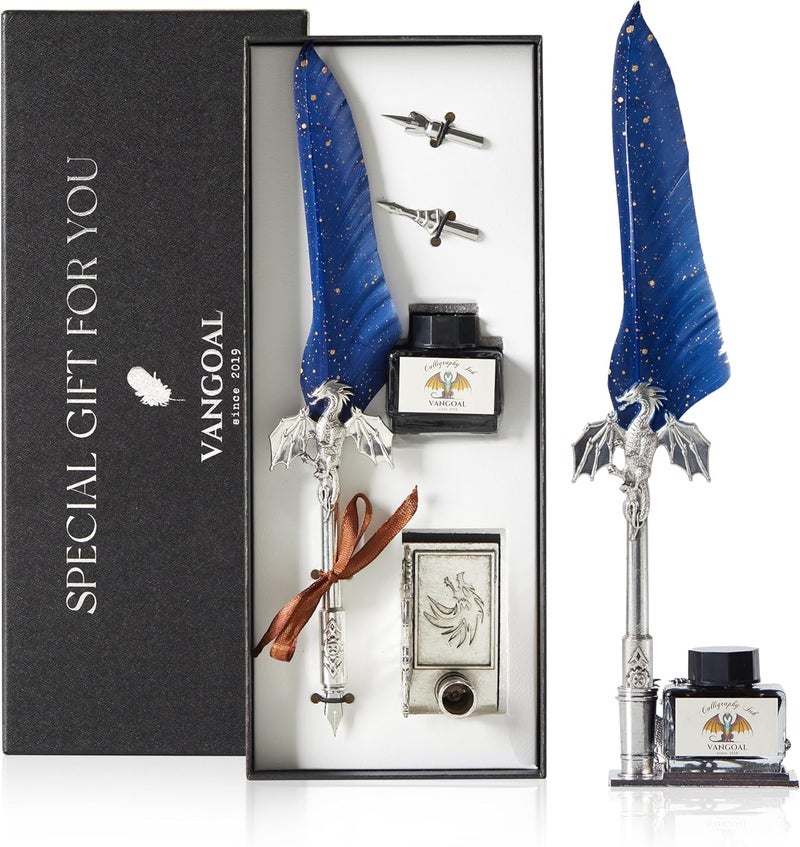 VANGOAL Dragon Quill Pen and Ink Set, Vintage Dragon Feather Pen with Novelty Pen Base, Retro Carving Dip Pen Calligraphy Pen Gift Set for Writing, Drawing(Dark Blue) - Image 1